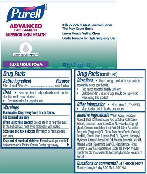 Ndc 21749 852 Purell Advanced Hand Sanitizer Ultra Nourishing Foam Liquid Topical