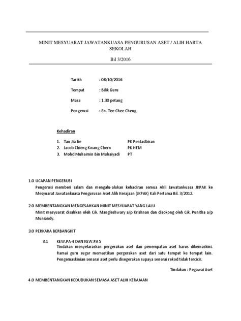 Tarikh 23 mei 2019 masa 3.00 petang 4.00 petang. 156970170-Contoh-Minit-Mesyuarat-Laporan-Aset-Sekolah-Kali ...