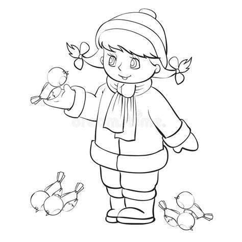 Girl In Winter Clothes Skates On A Pond Drawing In Outline Isolated