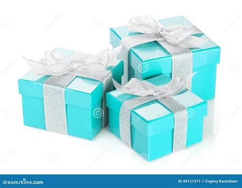 Three Blue T Boxes With Silver Ribbon And Bow Stock Image Image Of