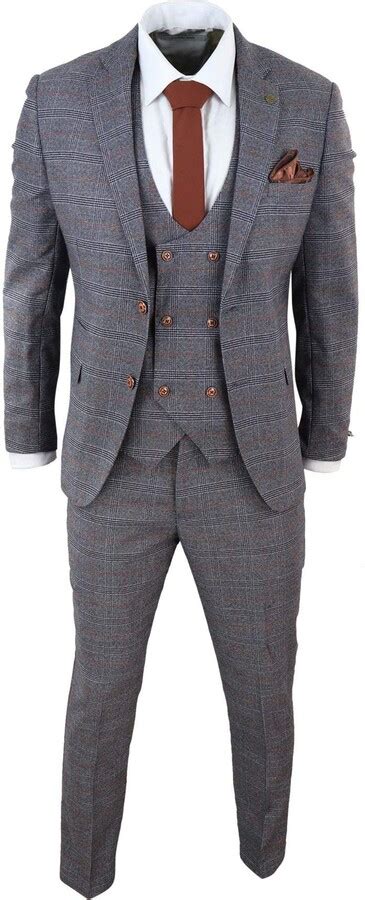 marc darcy grey tweed 3 piece suit prince of wales check slimfit double breast waistcoat grey
