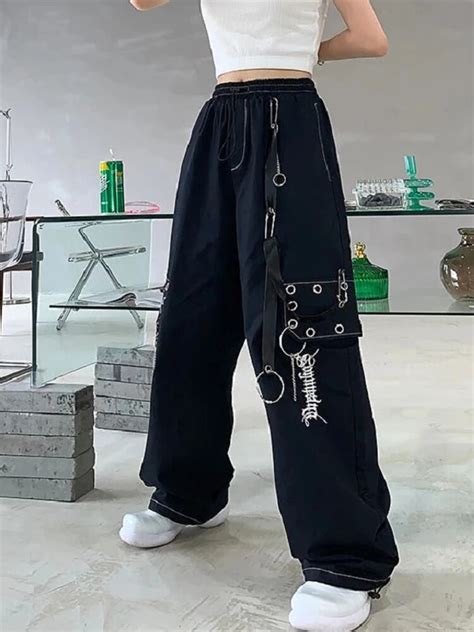 Qweek Gothic Harajuku Black Cargo Pants Women Chain Wide Leg Goth Hippie Streetwear White