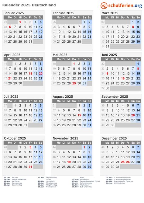 Kalender Deutschland 2025 Mit Feiertage
