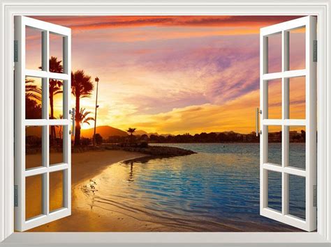 Wall Mural Tropical Beach View At Sunset Window View Wall Decor