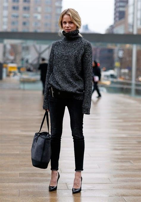 skinny black pants heather gray turtle neck knitwear street style fashion new york street