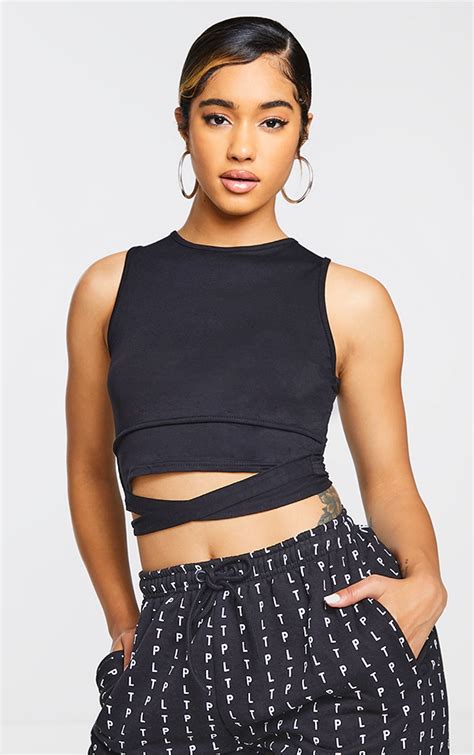 Black Jersey Tie Wrap Around Crop Top Tops Prettylittlething Ie