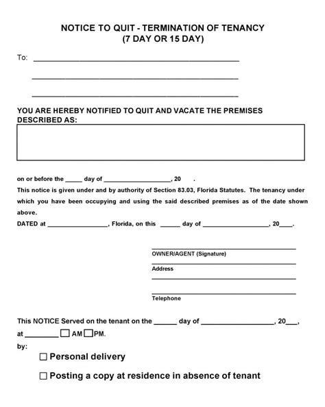 Free Florida Notice To Quit Termination Of Tenancy Day Or Day Pdf Template Form