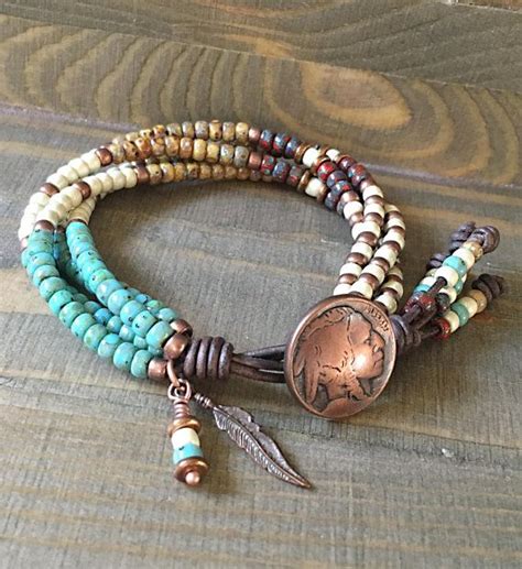 Beaded Leather Wrap Bracelet Native American Inspired Southwestern