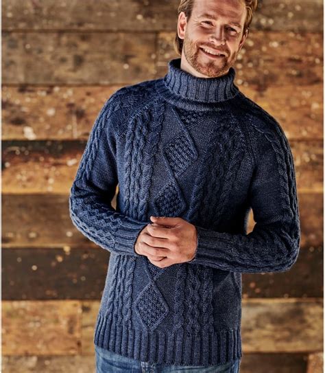 Denim Marl Pure Wool Knitted Aran Polo Neck Jumper Woolovers Au