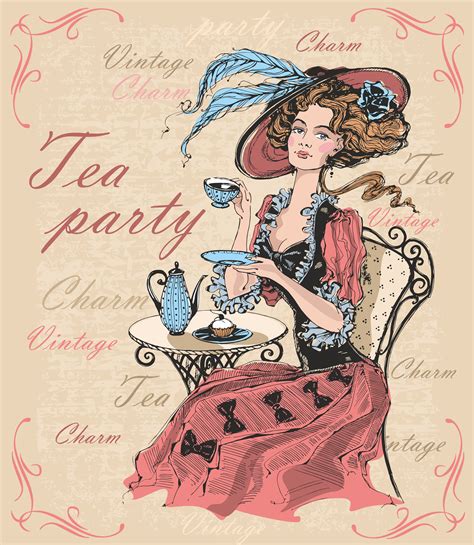 Vintage Lady In A Hat Drinking Tea Lady In Crinoline Tea Party Charm