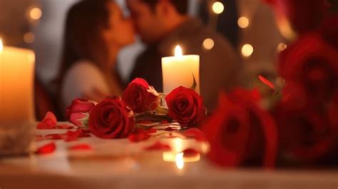 Premium Ai Image Blurred Image Of A Couple At A Candlelit Dinner Holding Hands With Red Roses