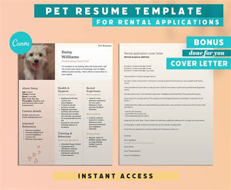Pet Resume Template For Rental Applications Rental Cover Etsy