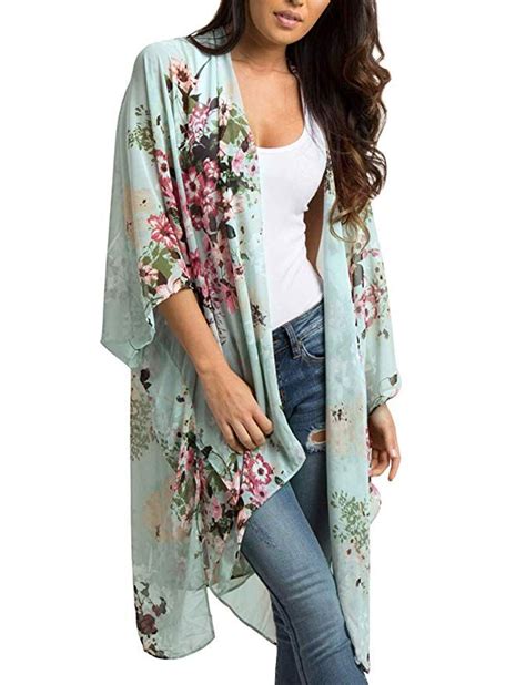 Women Short Sleeve Chiffon Kimono Cardigan Jacket Coat Floral Print Outwear Plus