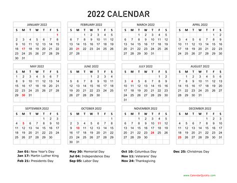 Free Printable 2022 Calendar With Federal Holidays