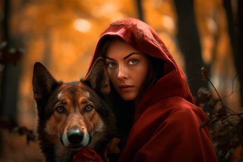 premium photo a woman dressed in little red riding hood and a ferocious wolf captured amid the
