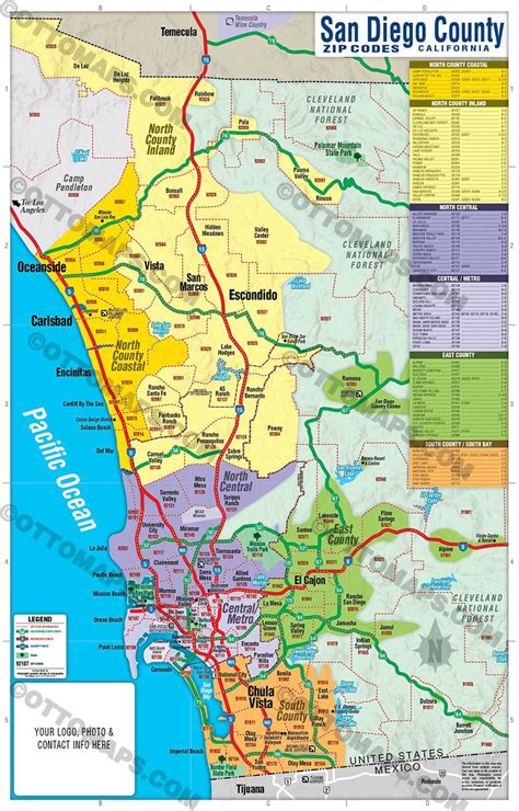 San Diego County Zip Code Map Coastal County Areas Colorized Otto Maps