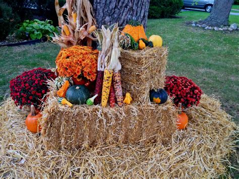 Fall Decor Pumpkins Mums Cornstalks Gourds Hay Fall Outdoor