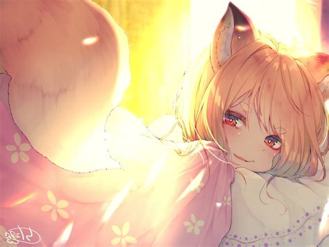 Wallpaper Fang Cute Lying Down Animal Ears Anime Fox Girl Blonde