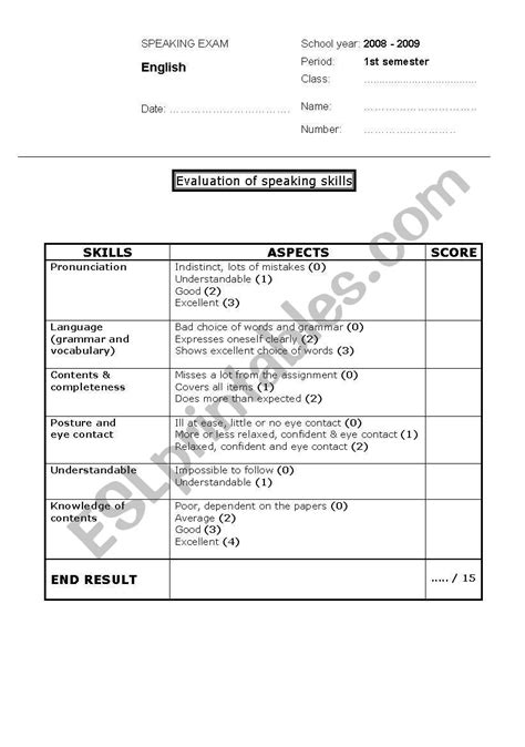 Evaluation Sheet For Speaking Skills Esl Worksheet By Bibbertje