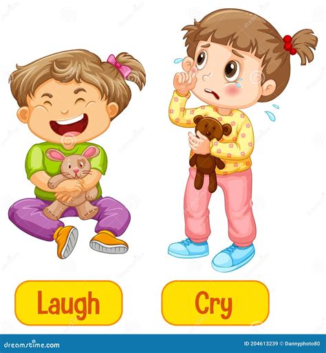 Words Cry And Laugh Flashcard With Cartoon Animal Characters Opposite