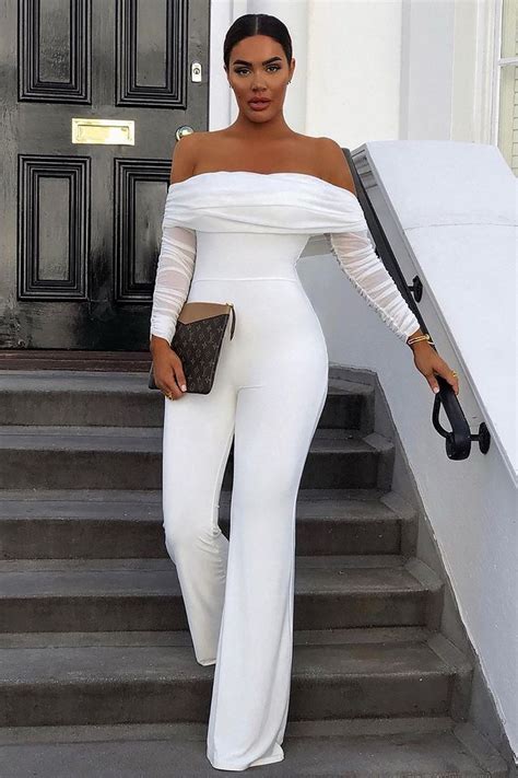 White Ruched Mesh Bardot Jumpsuit In 2020 Jumpsuit Elegant White