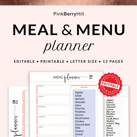 Editable Meal Planner Menu Planner Printable Fill In Pdf Etsy
