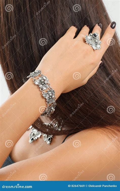 Close Up Fashion Portrait Of Diamond Ring Necklace Bracelets Stock