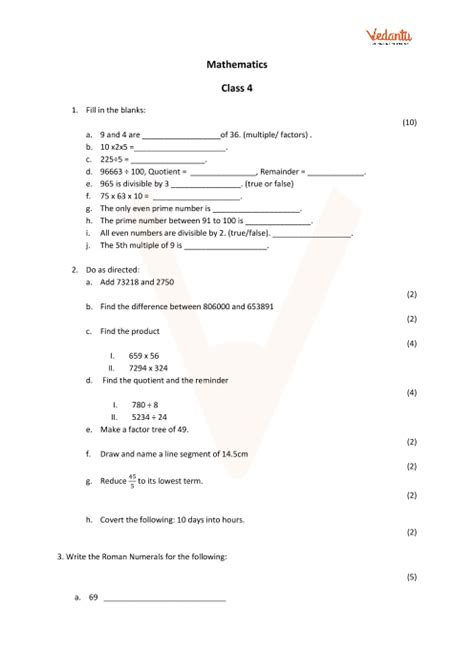 Cbse Sample Papers For Class 4 Maths With Solutions Mock Paper 1