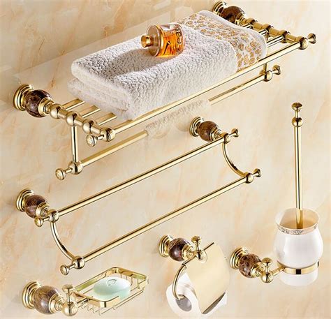 luxury solid brass and jade gold finish bathroom accessories set robe hook paper holder towel