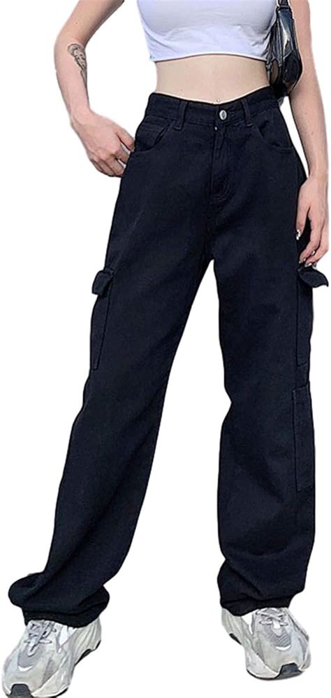 Women S High Waist Straight Leg Jeans Baggy Wide Leg Denim Cargo Pants