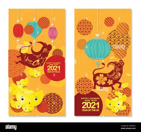 Set Of Happy Chinese New Year 2021 Vertical Banners For Social Media