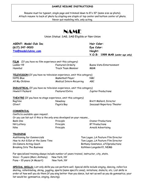 Resume For Child Actor Scope Of Work Template Special Needs Corner