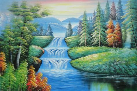 Water Falls In Green Spring With Forest And Mountain Oil Painting Landscape Waterfall Naturalism