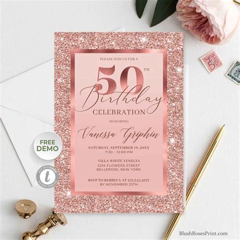 50th Birthday Invitation Rose Gold Editable Fifty Birthday Etsy