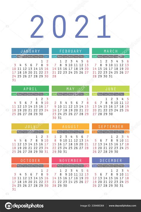 Calendario 2021 Año Vector De Bolsillo Para Niños O Plantilla De Calendario De Pared Vector De