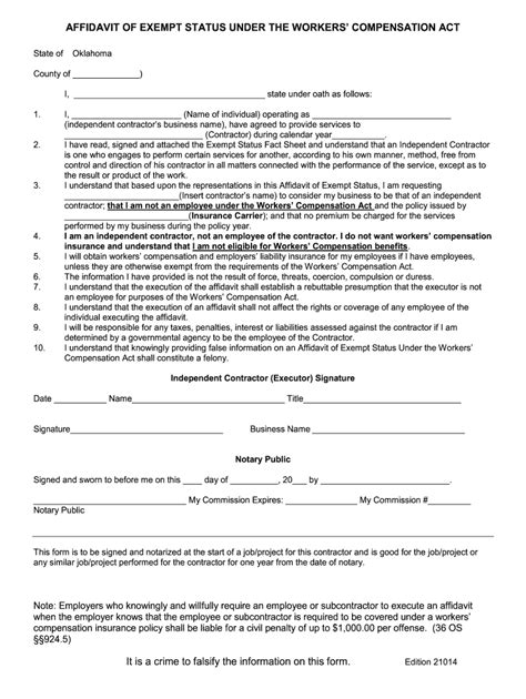 Affidavit Of Exempt Status Oklahoma Fillable Form Printable Forms