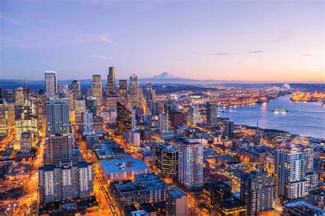 Space Needle View Of Downtown Seattle Elliott Bay And Mount Rainier
