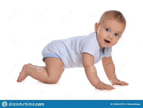 Cute Little Baby Boy Crawling On White Background Stock Photo Image