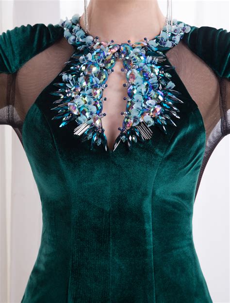 dark green cut out mermaid velvet evening dress with jewel neck long sleeves milanoo