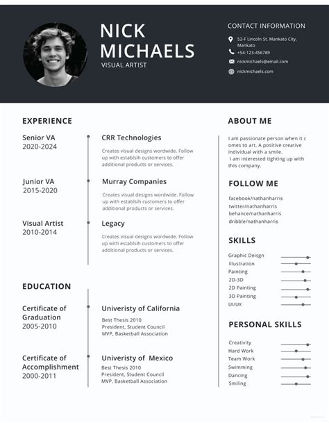 Free Visual Artist Photo Resume Cv Template In Photoshop Psd Illust