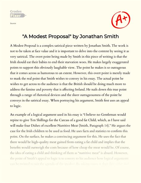 swift s arguments in a modest proposal [essay example] 1030 words gradesfixer