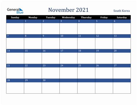 November 2021 South Korea Holiday Calendar