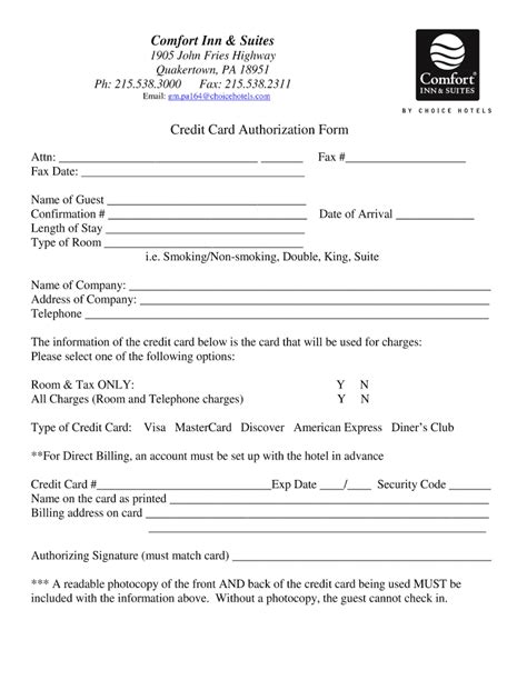 Nov 17, 2018 · when you make a purchase online, you don't have to sign an authorization form. Comfort Inn Credit Card Authorization - Fill Online, Printable, Fillable, Blank | PDFfiller