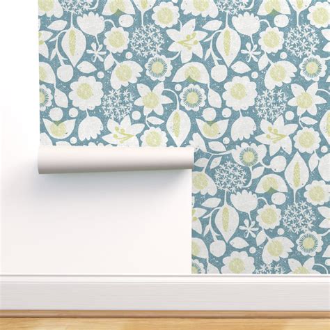 Peel And Stick Removable Wallpaper Blue Flower Garden Abstract Vintage