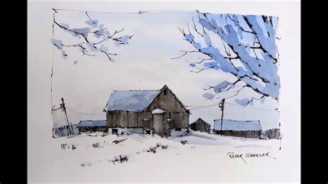 Line And Wash Winter Farm Watercolor With Just Two Colors Great