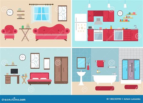 Set Of Vector Interiors With Furniture And Equipment Design A Living