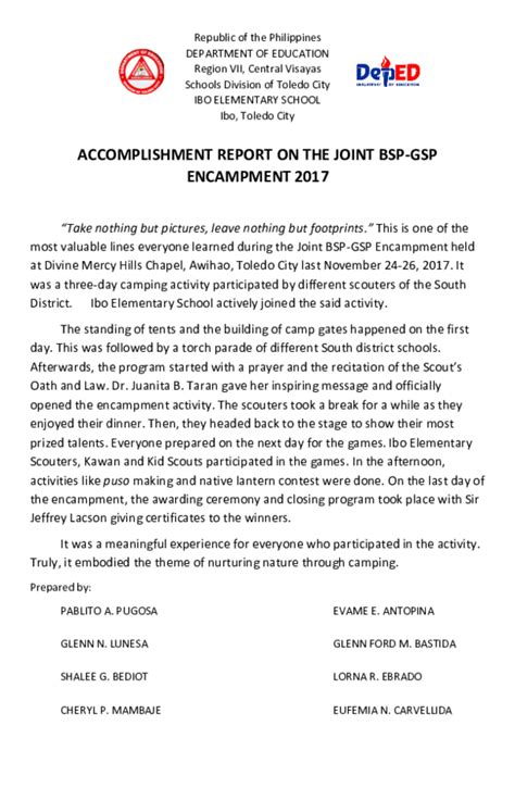 Doc Accomplishment Report On The Bsp Gsp Encampment Glenn Ford