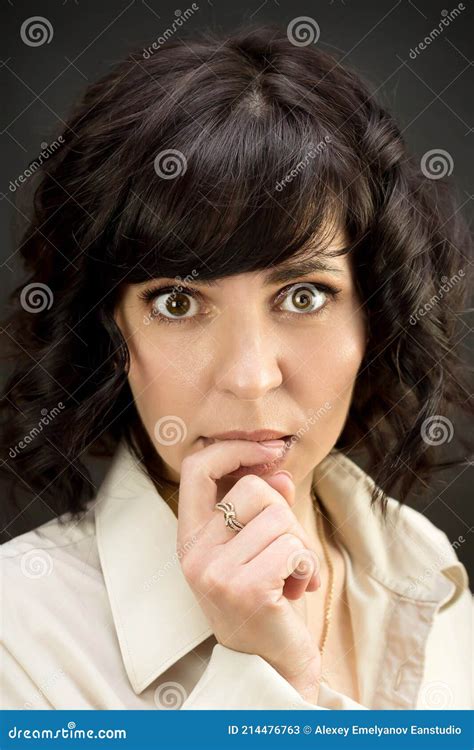 Brunette Woman Holding Finger In Mouth Stock Image Image Of Face