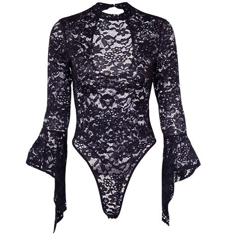 See Through Sexy Lace Bodysuits Women Flare Sleeve Lace Floral Pattern Punk Jumpsuits Fashion