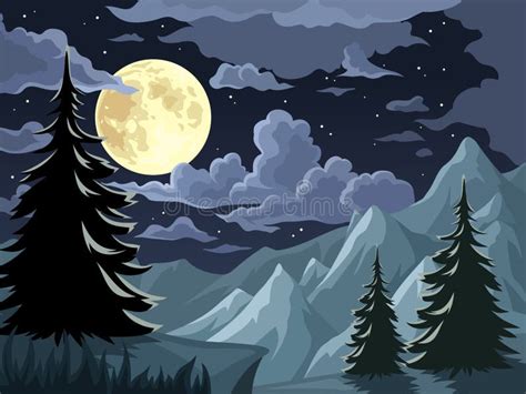 Paisaje De La Noche Con Los árboles Las Montañas Y La Luna Llena